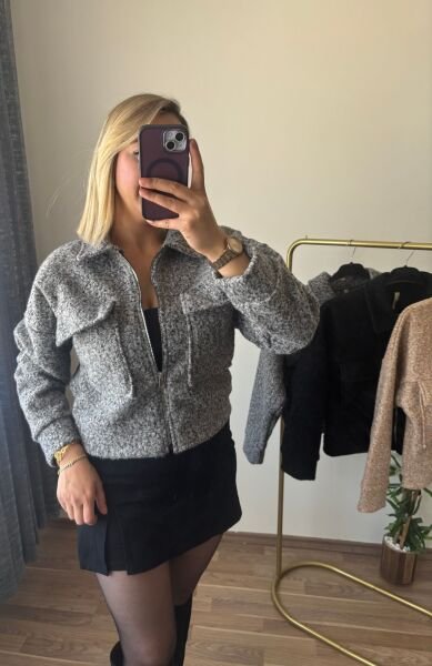 Yünlü Kase Ceket Gri - S