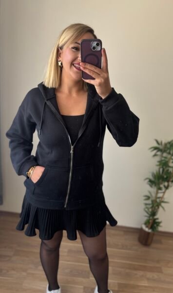 3 İplik Şardonlu Kapşonlu Ceket Siyah - S