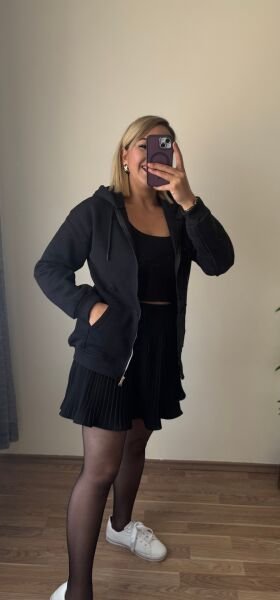 3 İplik Şardonlu Kapşonlu Ceket Siyah - S