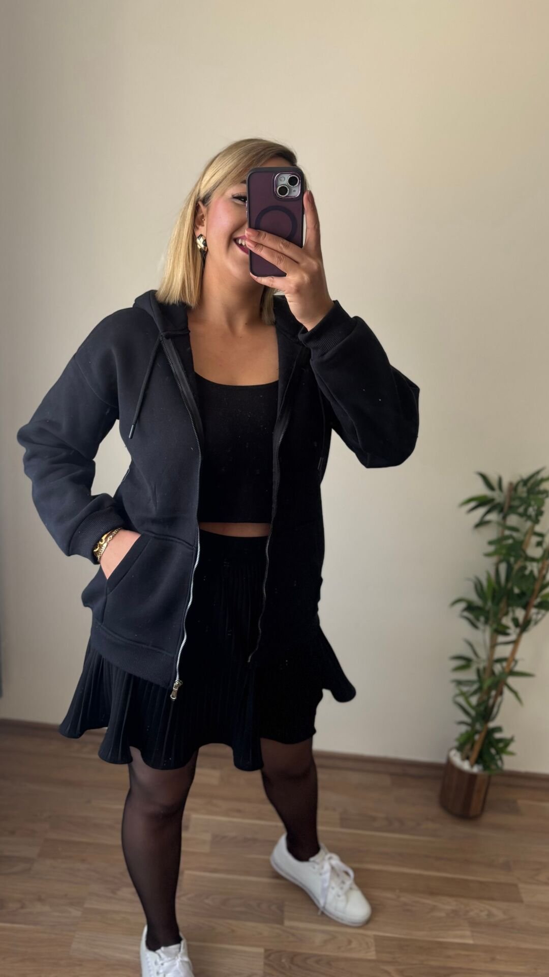 3 İplik Şardonlu Kapşonlu Ceket Siyah - S