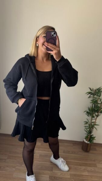 3 İplik Şardonlu Kapşonlu Ceket Siyah - S