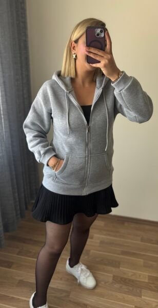 3 İplik Şardonlu Kapşonlu Ceket Gri - XL