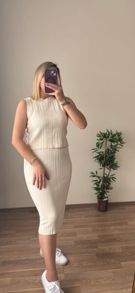 Bluz Etek Hırka 3'Lu Triko Takim Krem - Standart