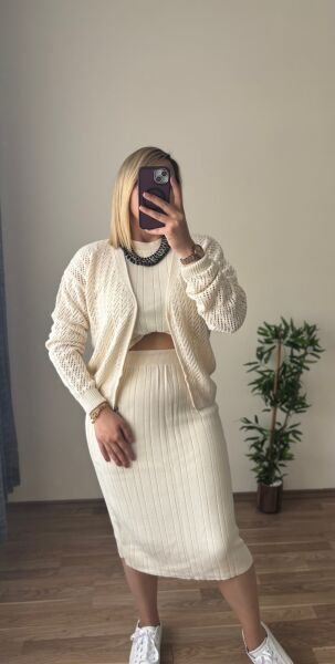 Bluz Etek Hırka 3'Lu Triko Takim Krem - Standart