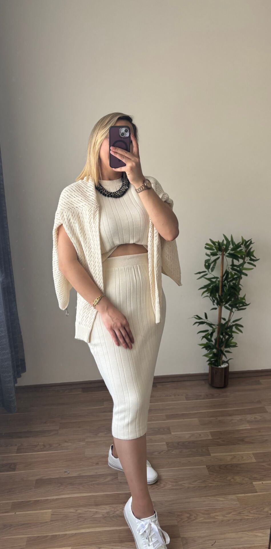 Bluz Etek Hırka 3'Lu Triko Takim Krem - Standart