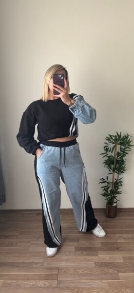 Kot Detaylı Şardonlu Eşofman Takım Siyah - S