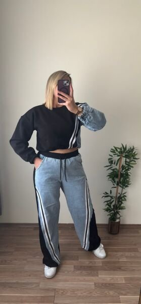 Kot Detaylı Şardonlu Eşofman Takım Siyah - M