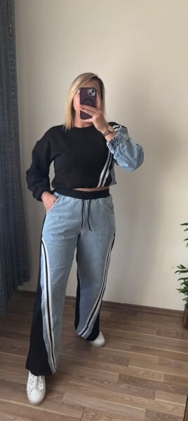 Kot Detaylı Şardonlu Eşofman Takım Siyah - M