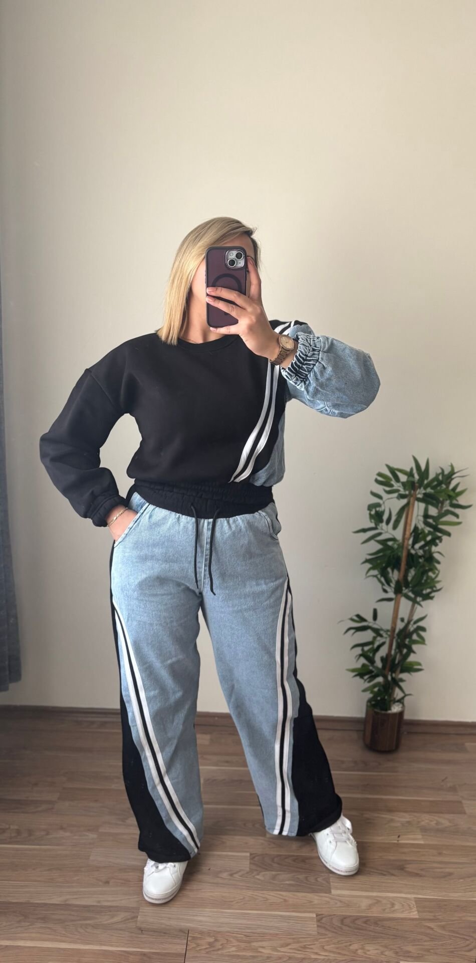 Kot Detaylı Şardonlu Eşofman Takım Siyah - M