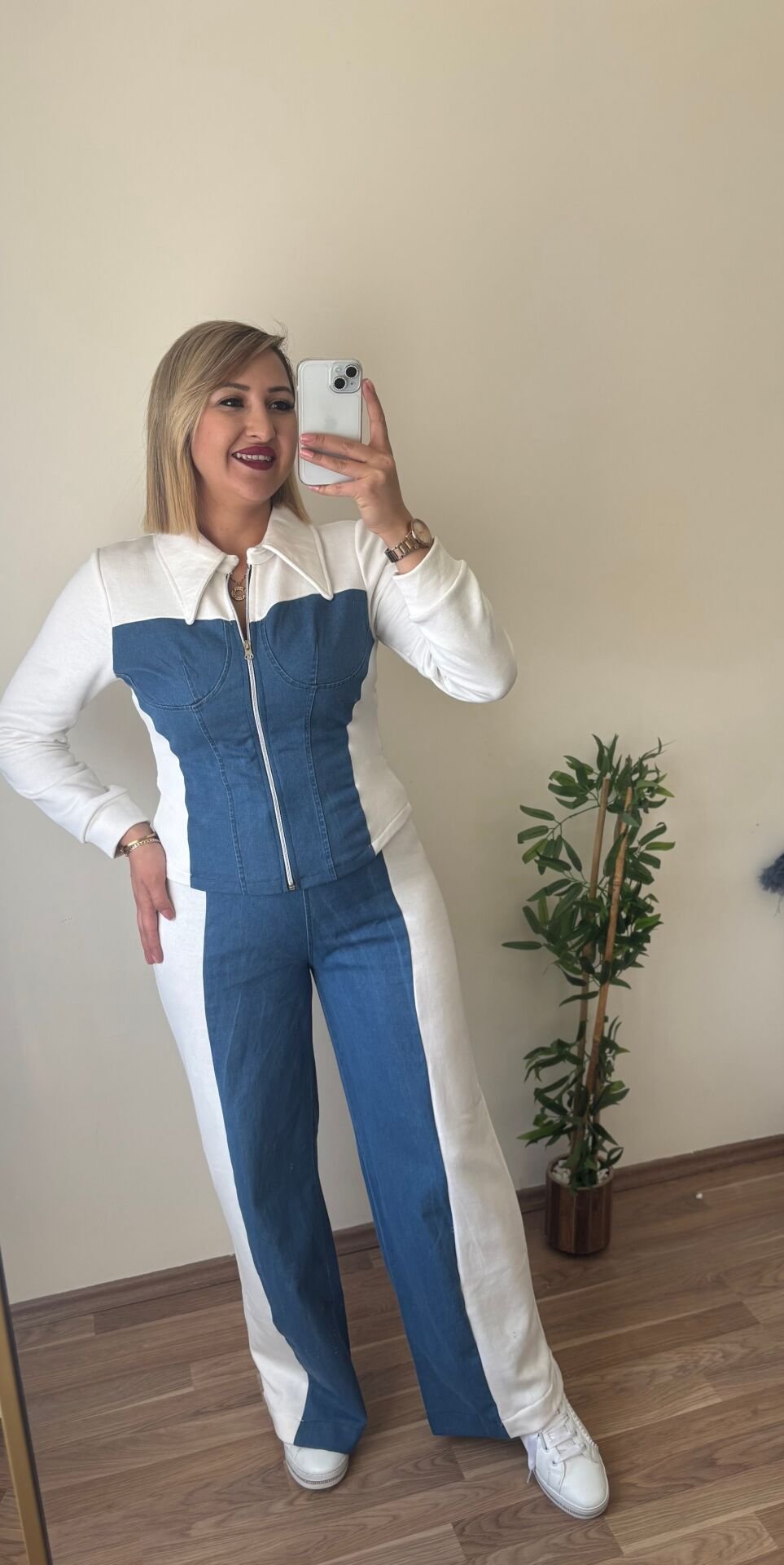 Denim Detay Fermuarlı Eşofman Takım Beyaz - M