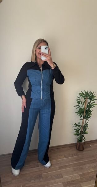 Denim Detay Fermuarlı Eşofman Takım Siyah - M