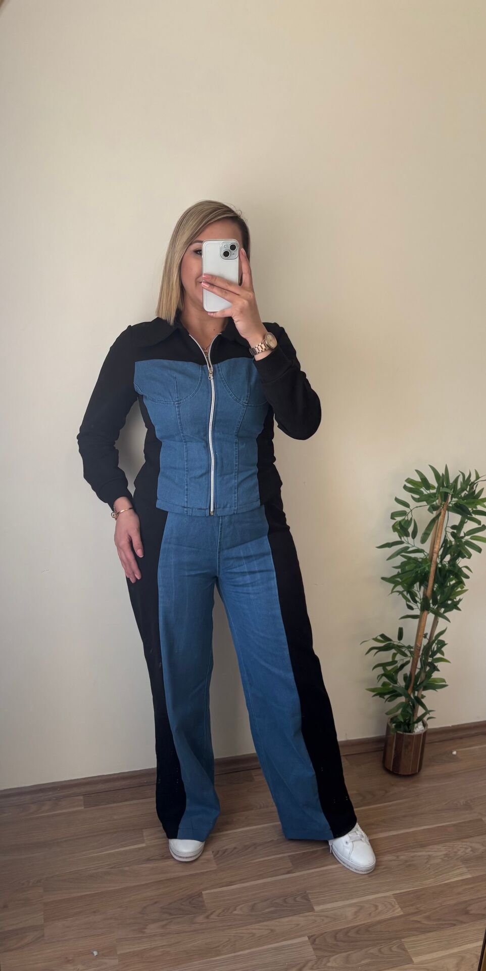 Denim Detay Fermuarlı Eşofman Takım Siyah - M