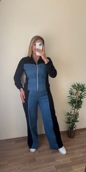 Denim Detay Fermuarlı Eşofman Takım Siyah - M