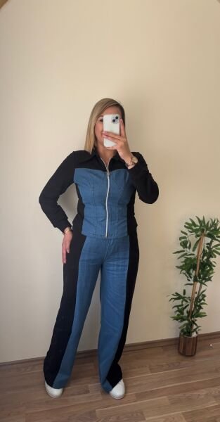 Denim Detay Fermuarlı Eşofman Takım Siyah - XL