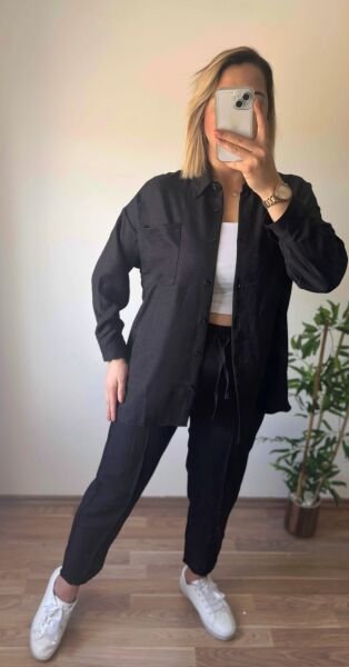 Keten Gömlek Pantolon Takım Siyah - L