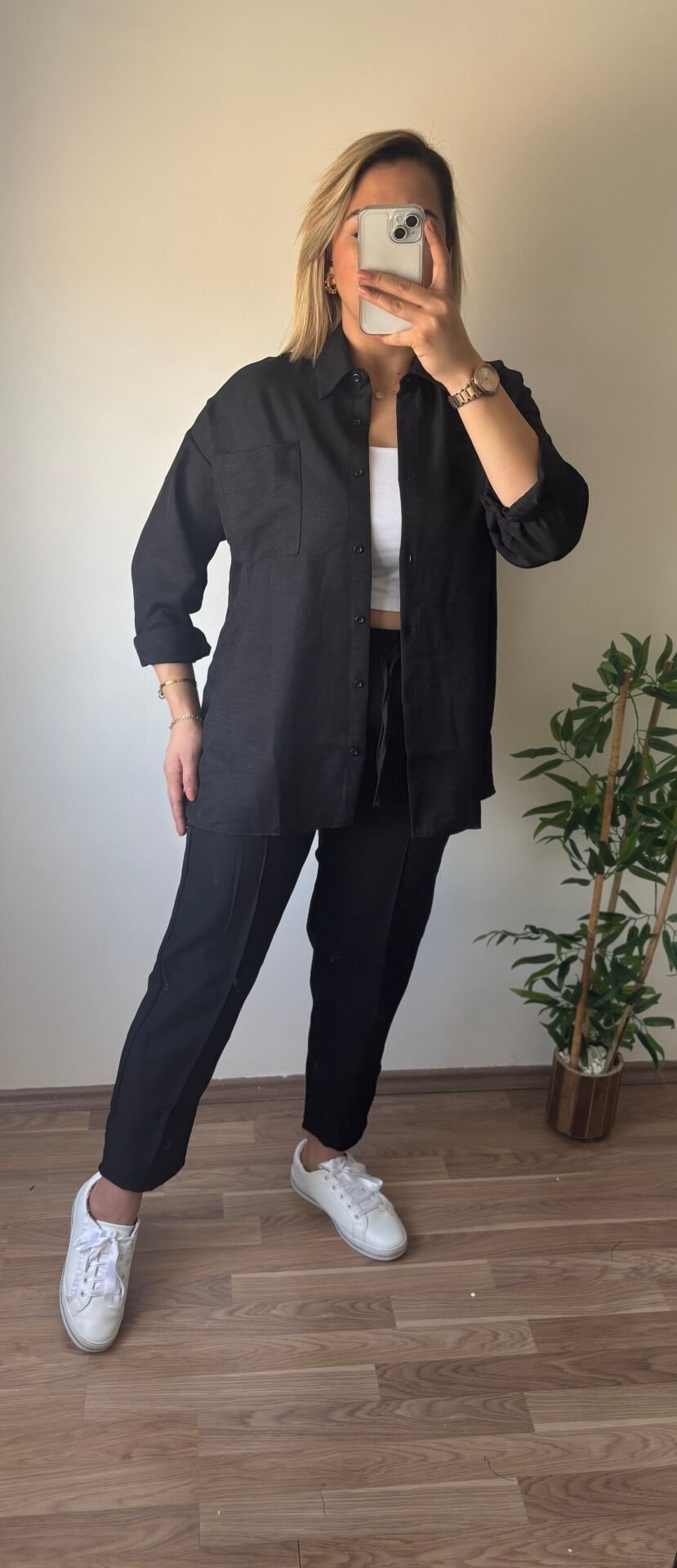 Keten Gömlek Pantolon Takım Siyah - L