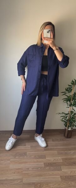 Keten Gömlek Pantolon Takım Lacivert - M