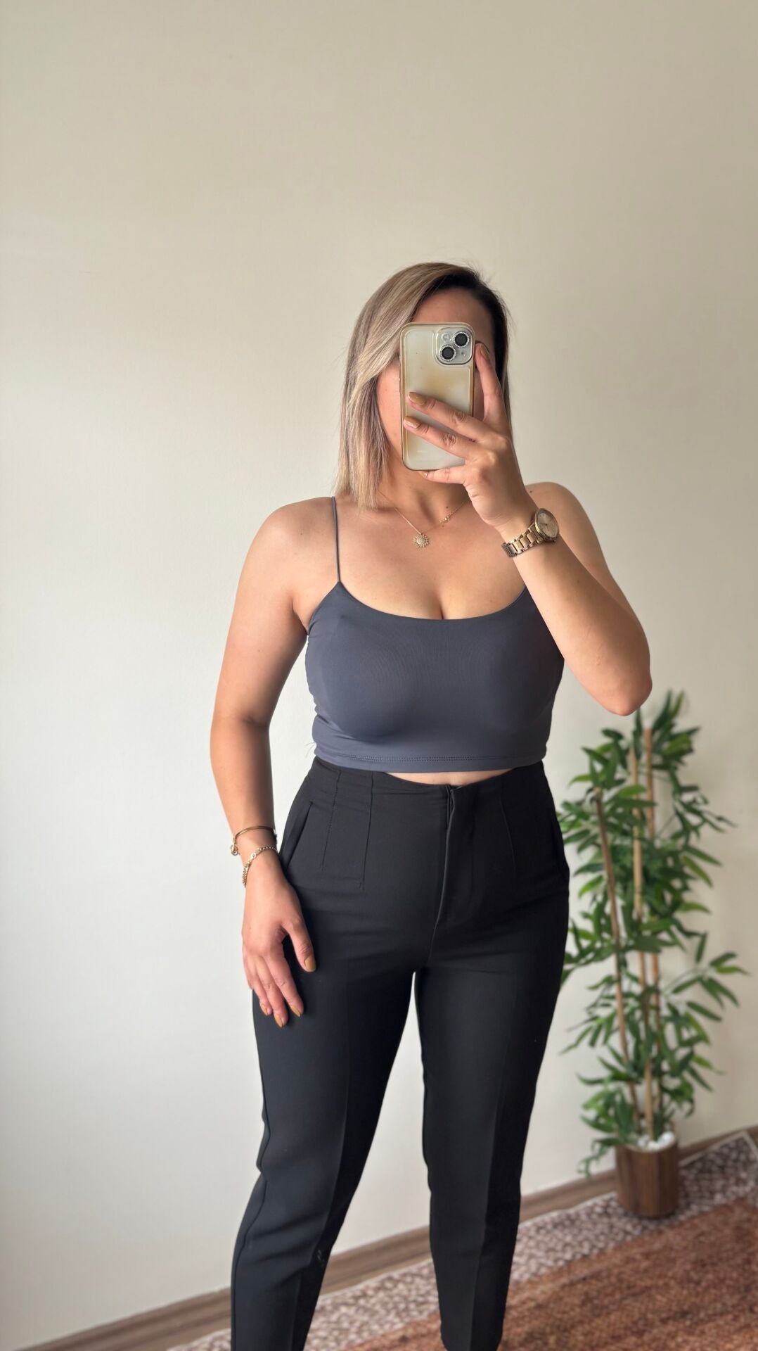 Sandy Kumaş İp Askılı Crop Antrasit - L