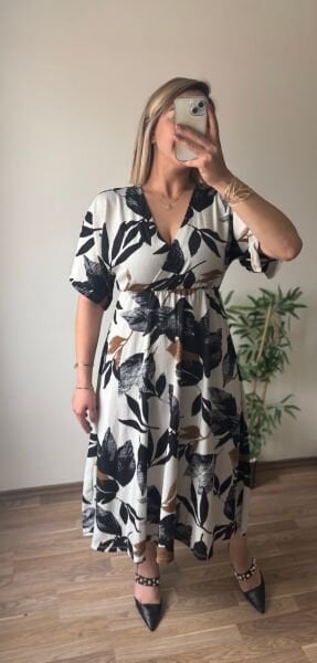 Kruvaze Yaka Yaprak Desenli Elbise