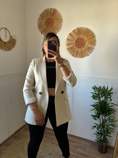 Astarı Cizgili Keten Ceket