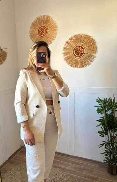 Astarı Cizgili Keten Ceket