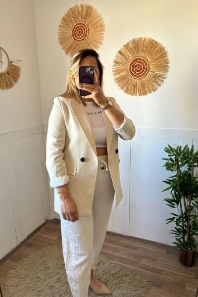 Astarı Cizgili Keten Ceket