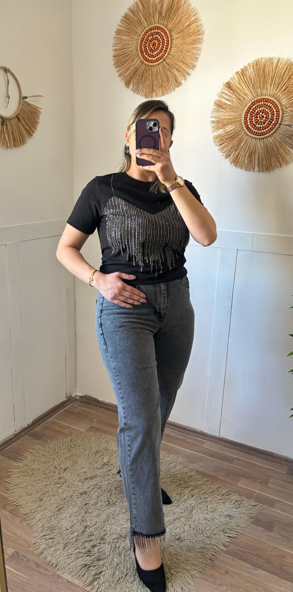 Siyah Tasarım Taşlı T-Shirt