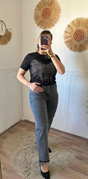 Siyah Tasarım Taşlı T-Shirt