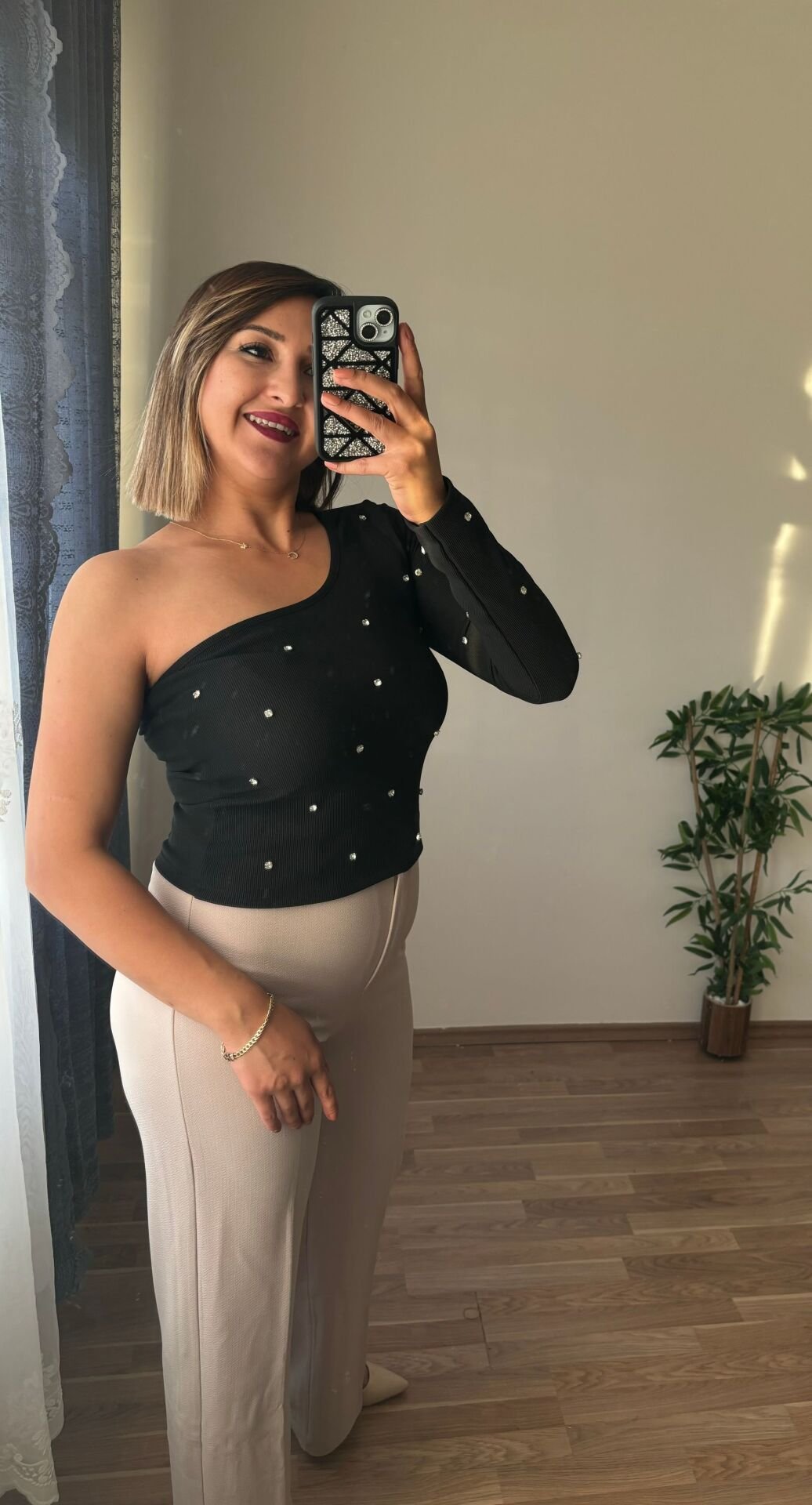 Taşlı Likralı Ottoman Kumaş Bluz