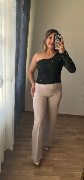 Taşlı Likralı Ottoman Kumaş Bluz