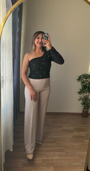 Taşlı Likralı Ottoman Kumaş Bluz
