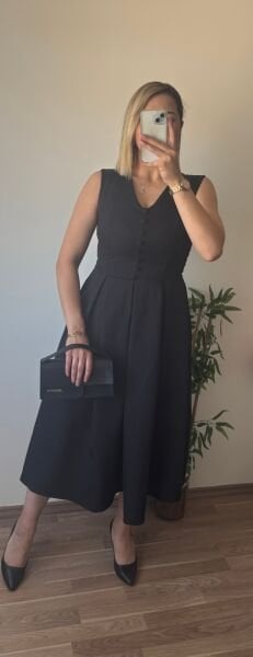 Düğmeli Pileli Atlas Elbise