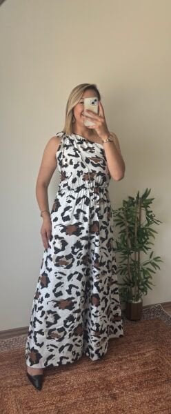 Leopar Desenli Tek Omuz Tulum