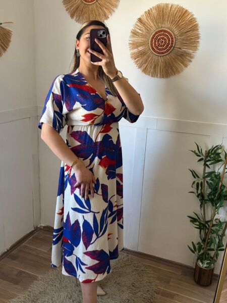 Kruvaze Yaka Elbise Mavi - S