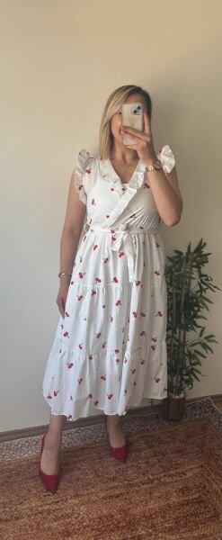 Kiraz Desenli Elbise Beyaz - M