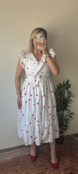 Kiraz Desenli Elbise Beyaz - M