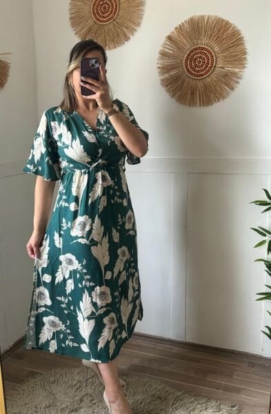 Kruvaze Yaka Elbise Yeşil - S