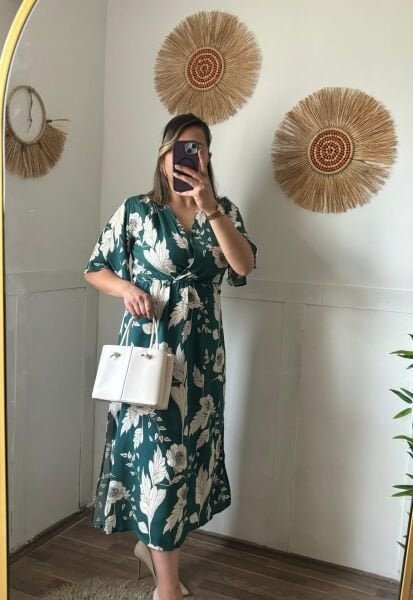 Kruvaze Yaka Elbise Yeşil - M