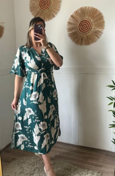 Kruvaze Yaka Elbise Yeşil - L