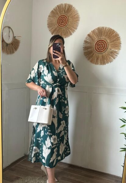 Kruvaze Yaka Elbise Yeşil - L