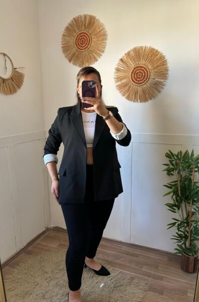 Siyah Çizgi Astarlı Ceket Siyah - S