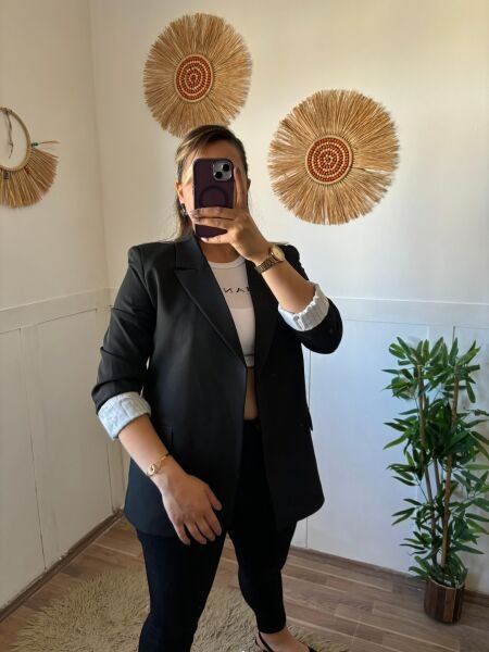 Siyah Çizgi Astarlı Ceket Siyah - M