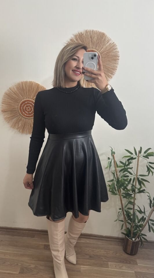 Balıkçı Yaka üst Kaşkorse Alt Deri Detaylı Mini Elbise