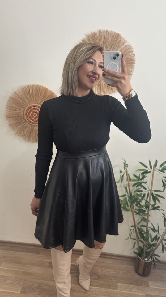 Balıkçı Yaka üst Kaşkorse Alt Deri Detaylı Mini Elbise