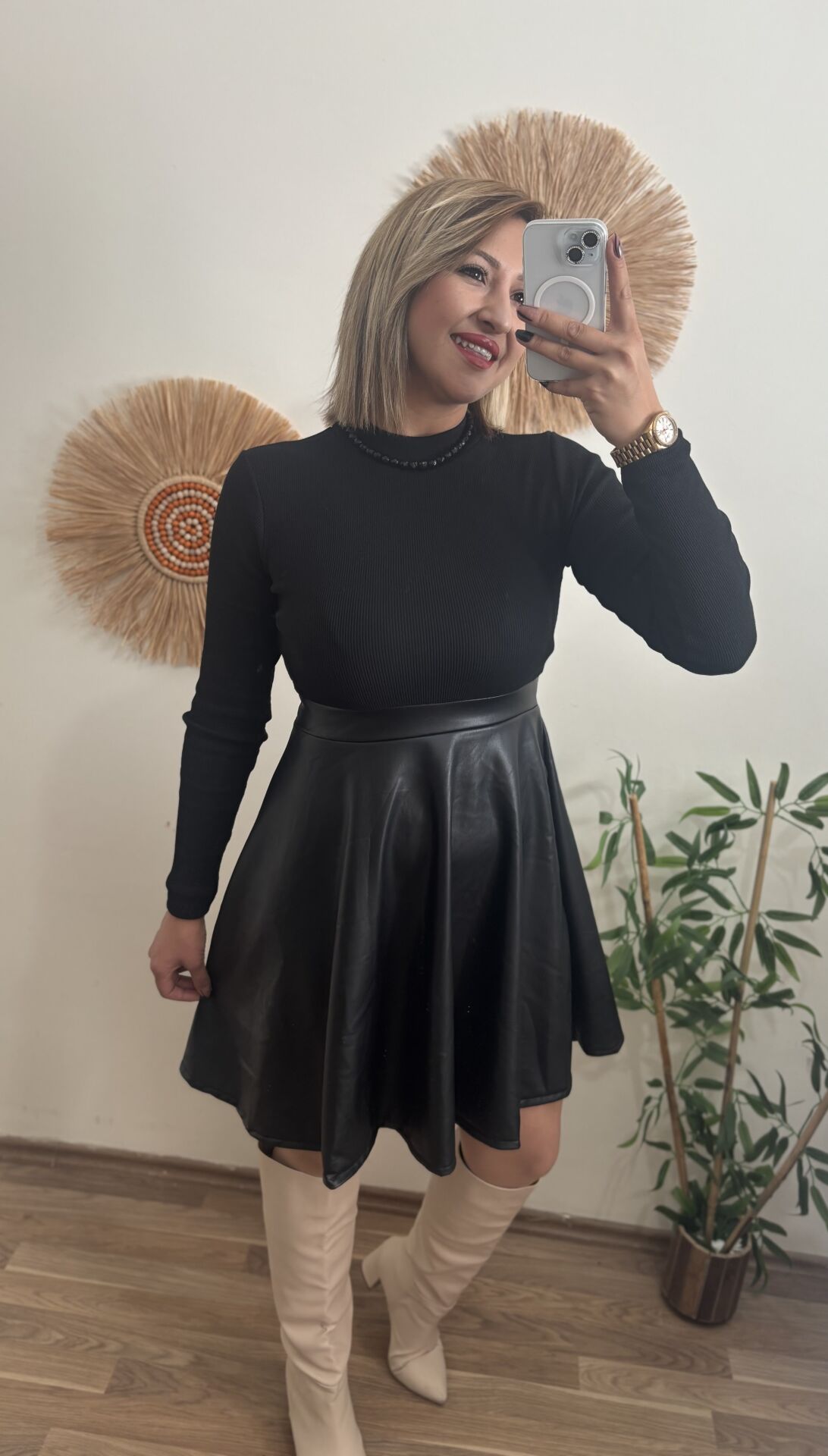 Balıkçı Yaka üst Kaşkorse Alt Deri Detaylı Mini Elbise