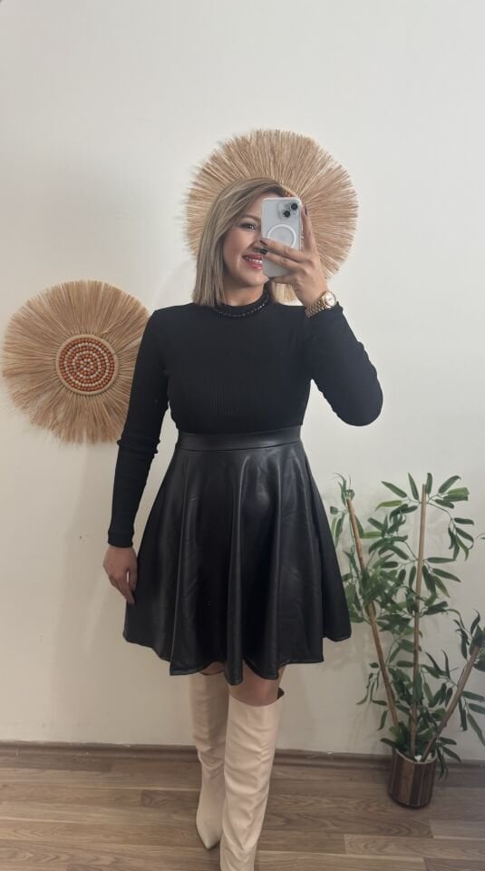 Balıkçı Yaka üst Kaşkorse Alt Deri Detaylı Mini Elbise