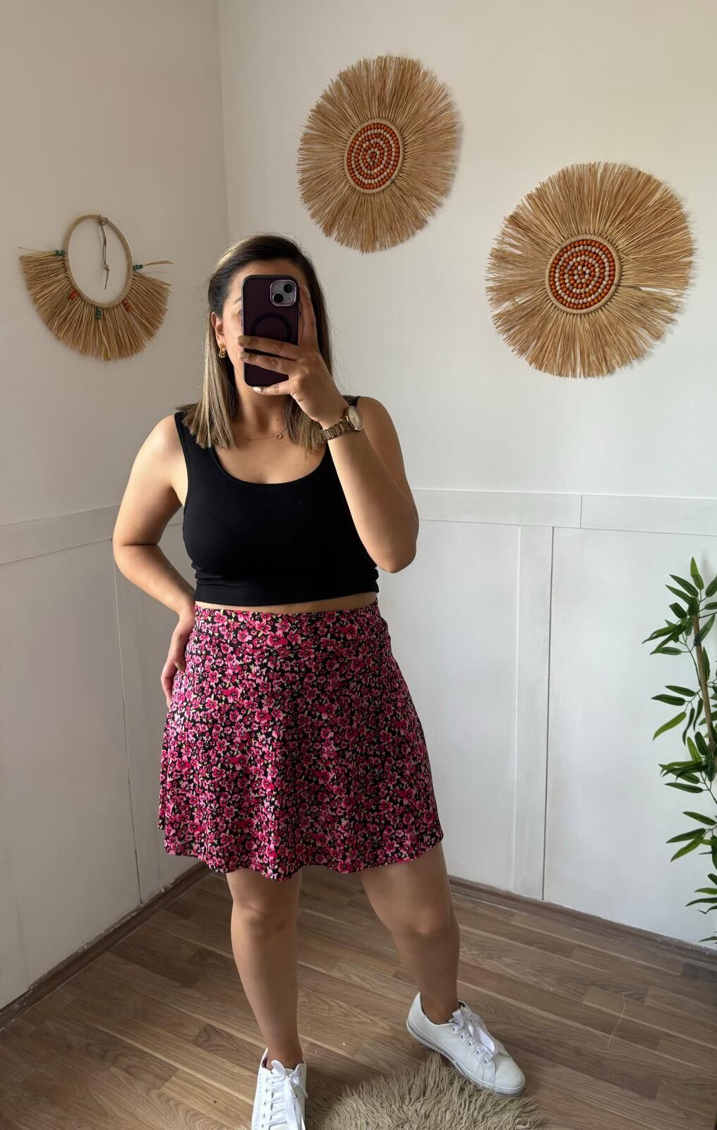 Desenli Şort Etek Pembe Çiçek - M