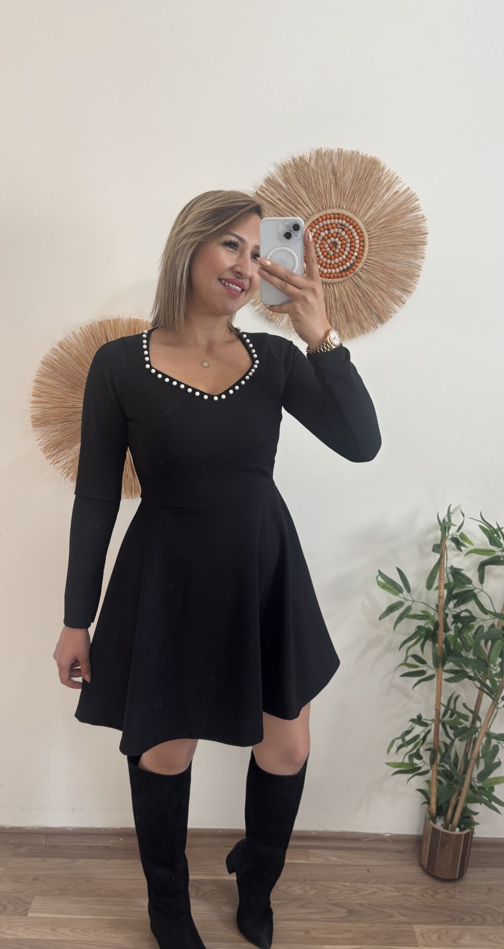 İnci Detaylı Elbise Siyah