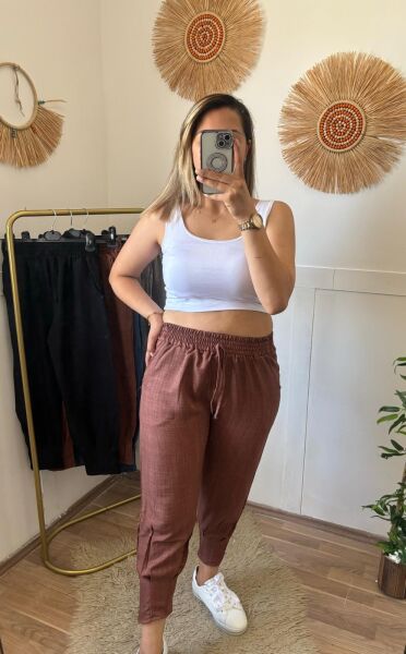 Paça Pensli Keten Pantolon Kahverengi - L