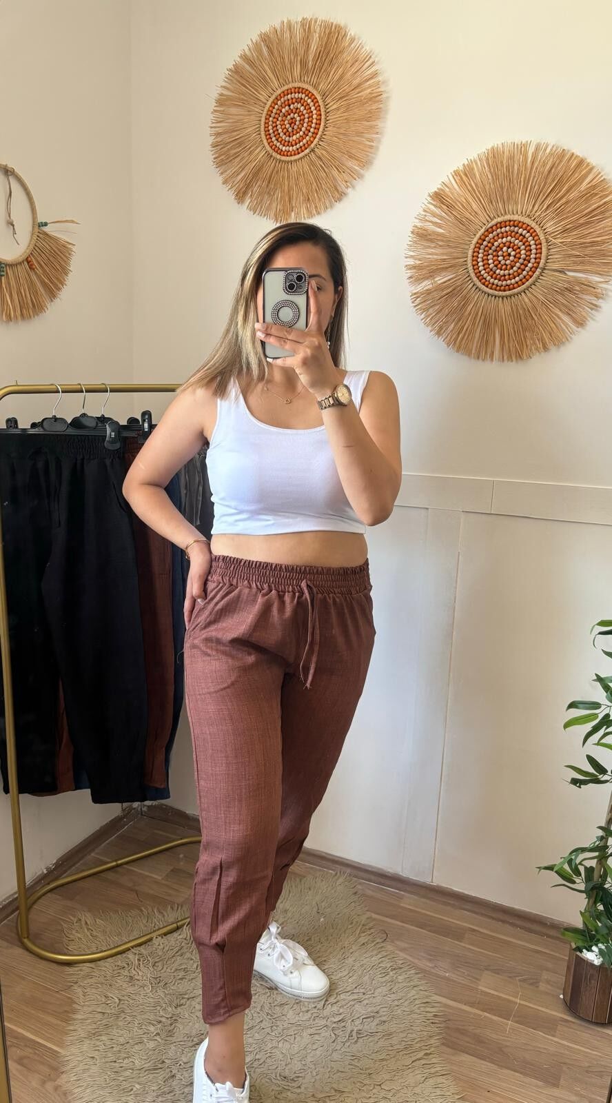 Paça Pensli Keten Pantolon Kahverengi - L